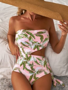 Pink Tropical Asymmetric Cut out Halter Backless One Piece Swimwear