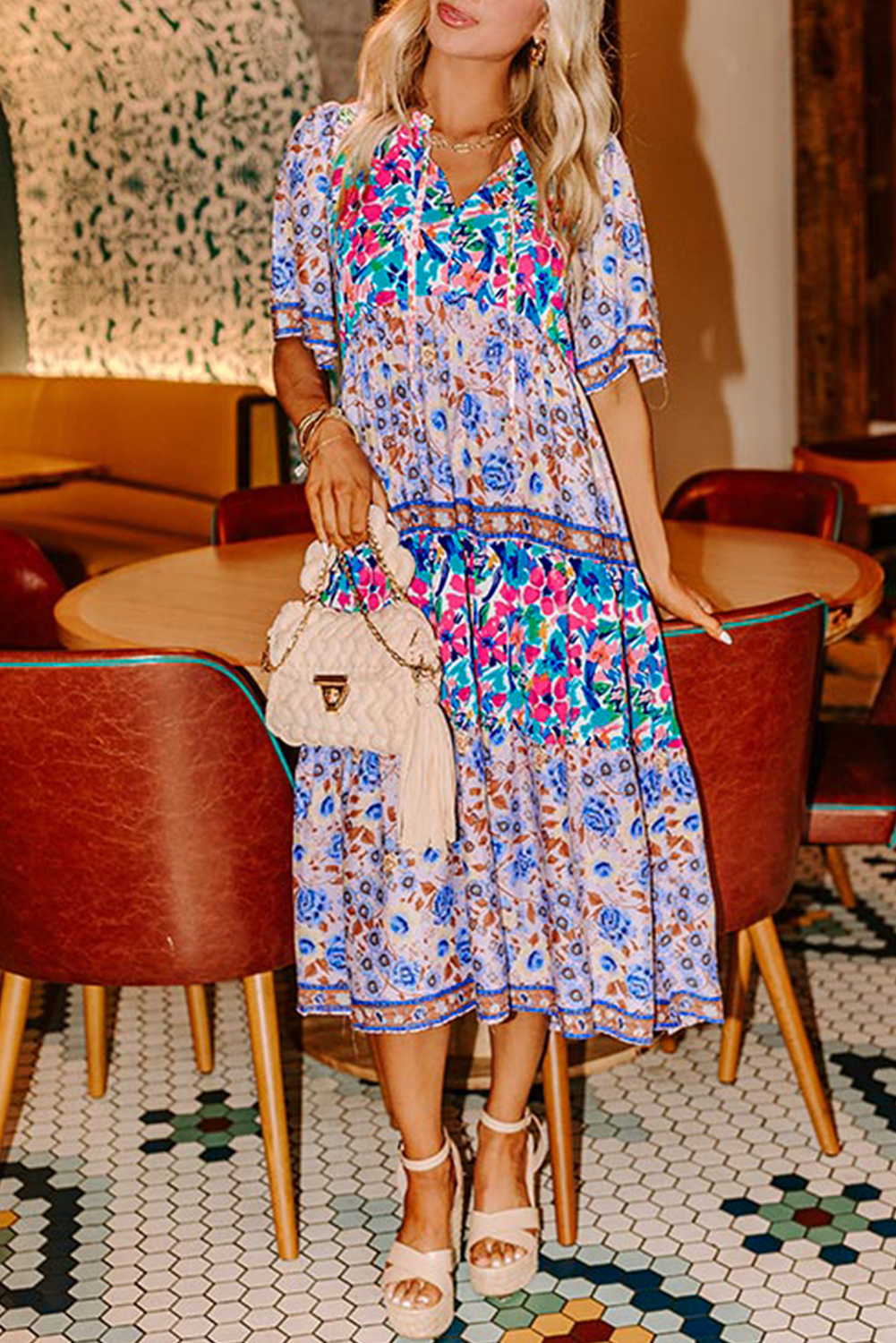 Sky Blue Mixed Floral Print Tie Split Neck Short Sleeve Dress - Image 7