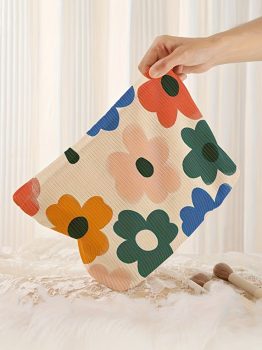 White Floral Print Corduroy Minimalist Storage Bag