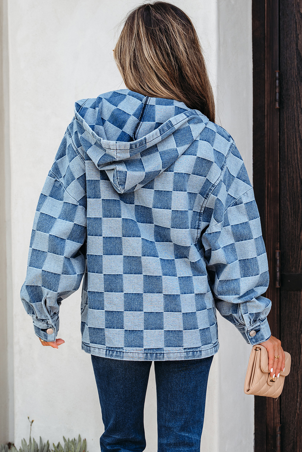 Sky Blue Checkerboard Zipped Neck Kangaroo Pocket Denim Hoodie - Image 2