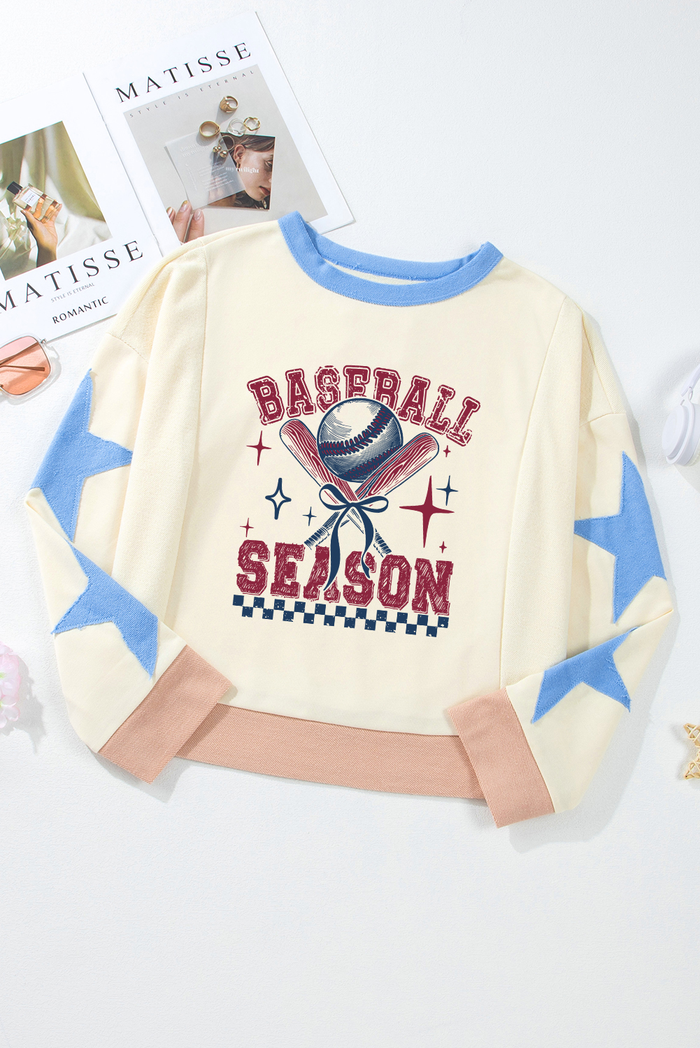 Beige BASEBALL SEASON Graphic Star Patched Game Day Sweatshirt - Image 2