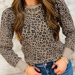 Khaki Ribbed Trim Leopard Print Long Sleeve Top