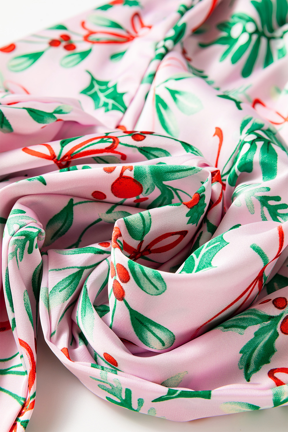 Pink Christmas Berries Plant Print Satin Long Sleeve Pajama Set - Image 8