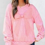 Bright Pink Mineral Wash Big Bow Patchwork Pullover Sweatshirt