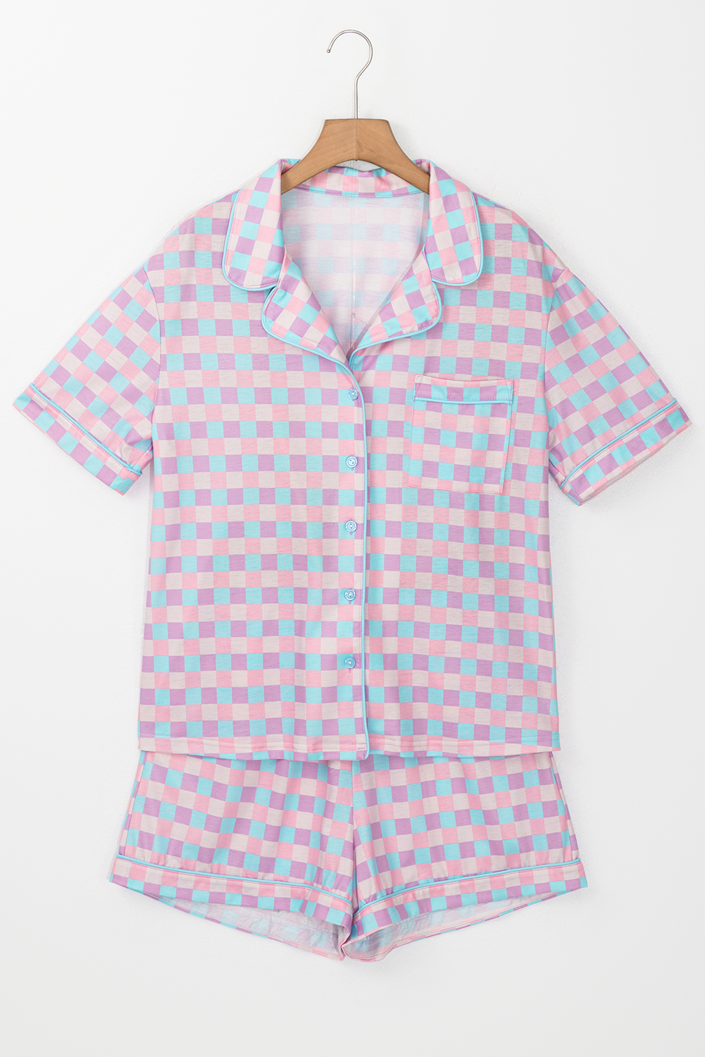 Purple Checkered Pattern Short Sleeve Pajamas Set - Image 4