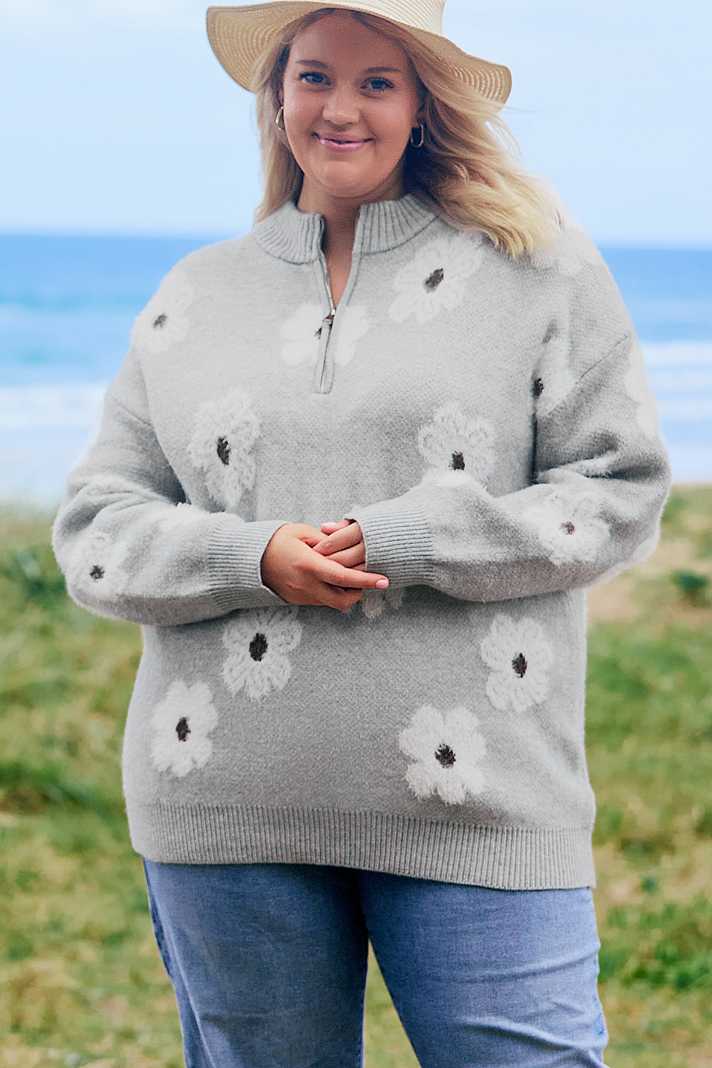 Gray Plus Size Embroidered Floral Pattern Half Zip Sweater - Image 5