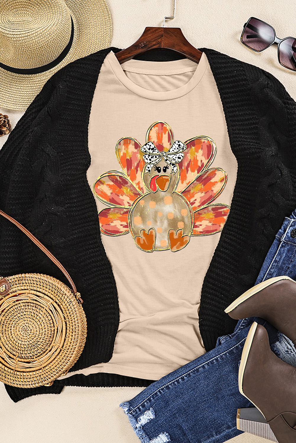 Khaki Thanksgiving Bowknot Turkey Graphic Crewneck Tee - Image 5