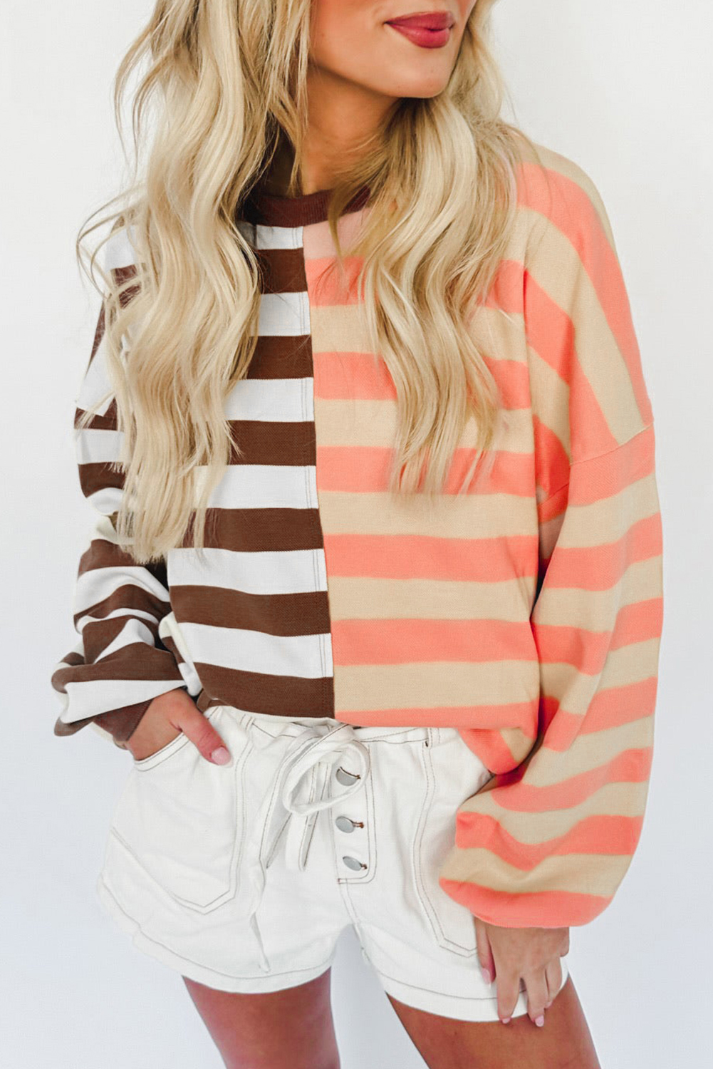 Brown Stripe Color Block Drop Shoulder Pullover Sweatshirt - Image 8