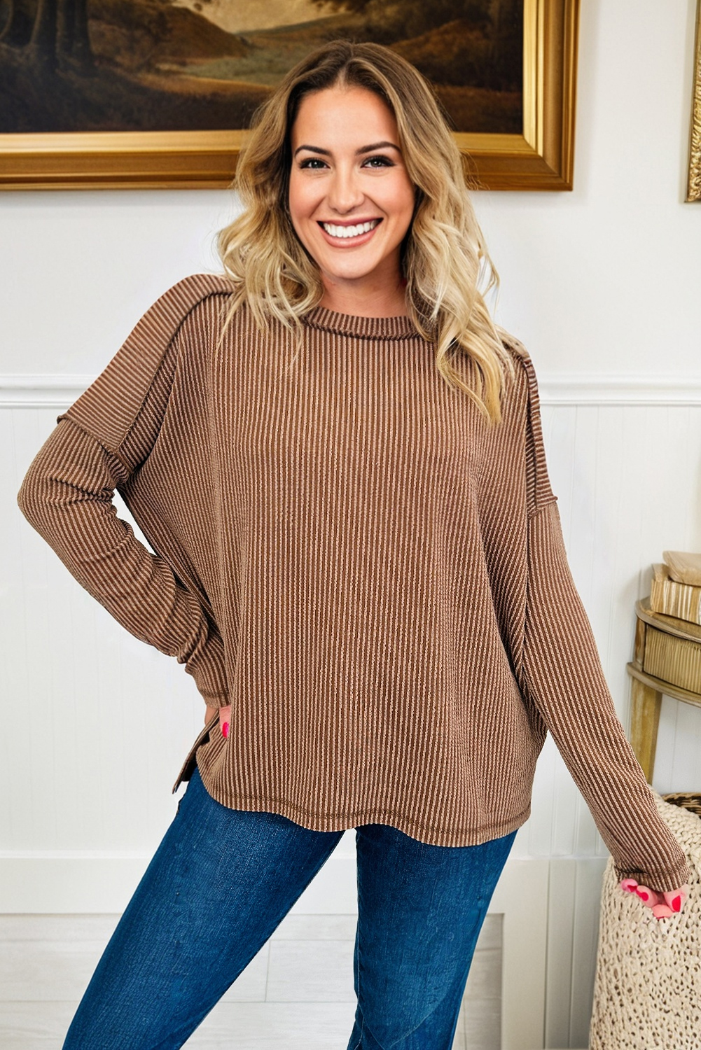 Dark Khaki Twist Ribbed Exposed Seam Detail Long Sleeve Loose Top - Image 3