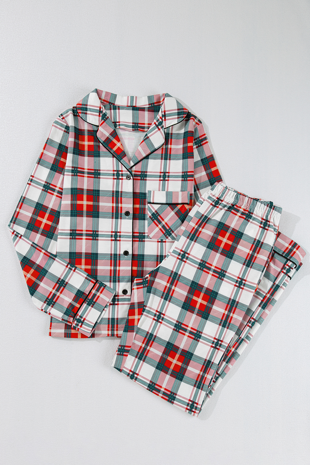 Red Christmas Plaid Print Two Piece Long Sleeve Pajamas Set - Image 5