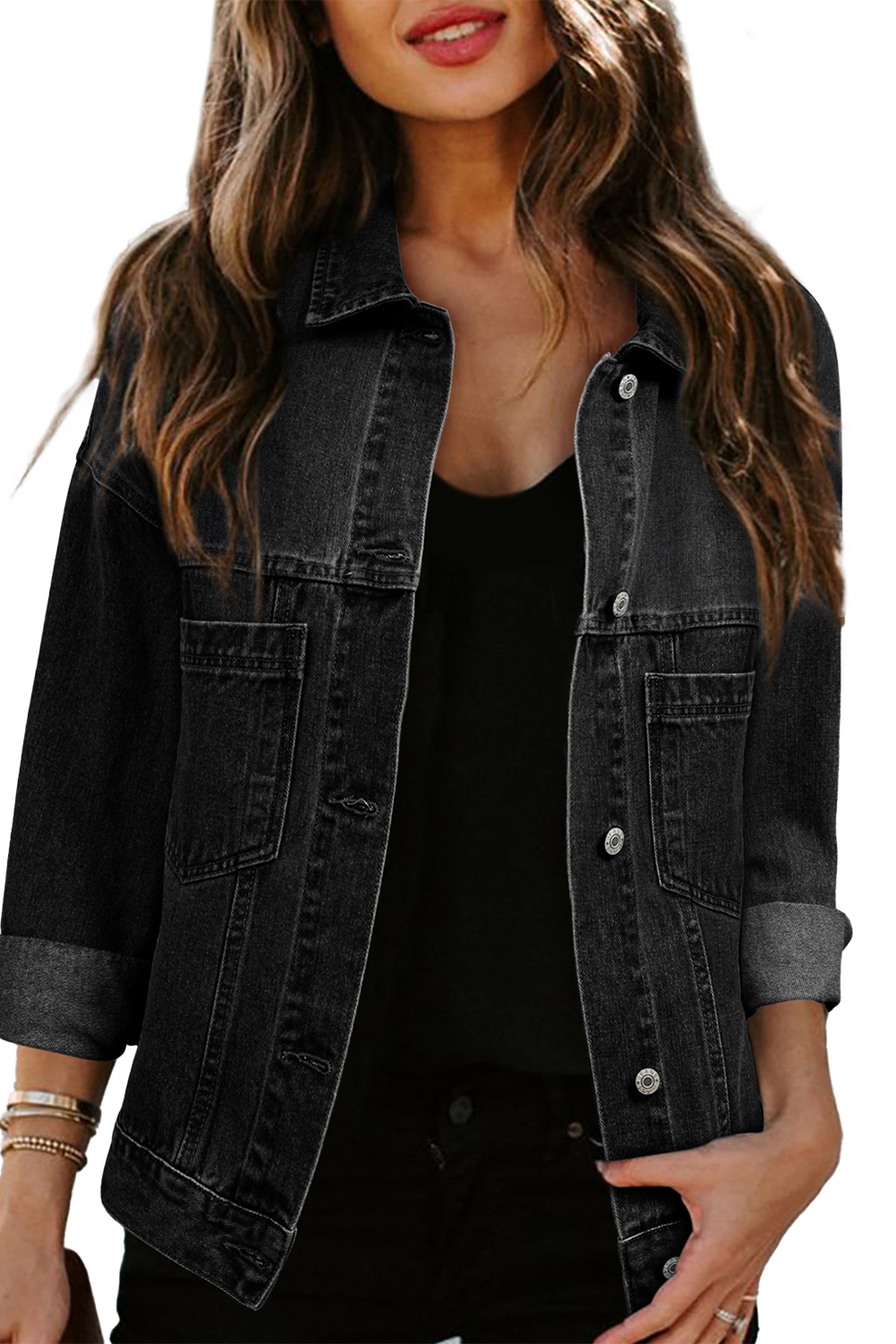 Black Washed Oversize Pocketed Denim Jacket - Image 7
