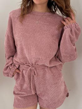 Fushia Solid Color Textured Knit Drop Shoulder Pullover Drawstring Shorts Set