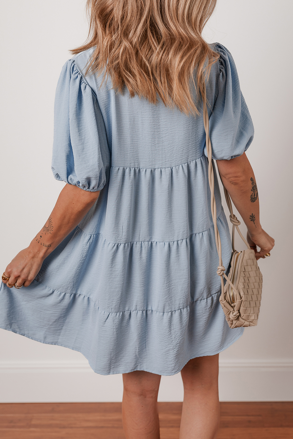 Beau Blue Shirt Collar Button Up Short Puff Sleeve Tiered Shift Dress - Image 2