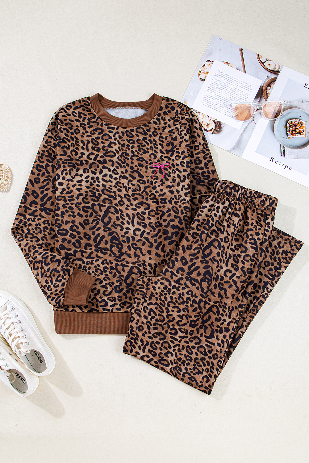 Coffee Leopard Print Contrast Trim Long Sleeve Top and Pants Set - Image 4