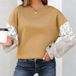 Camel Floral Striped Patchwork Ruffled Sleeve Crew Neck Sweatshirt