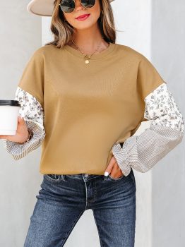 Camel Floral Striped Patchwork Ruffled Sleeve Crew Neck Sweatshirt