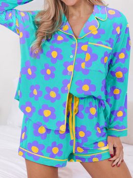 Green Flower Print Long Sleeve Shirt Shorts Pajamas Set