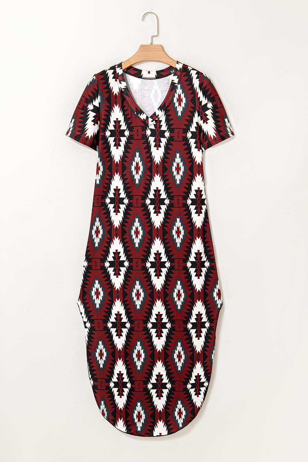 Red Western Aztec Printed Long T-shirt Dress - Image 8