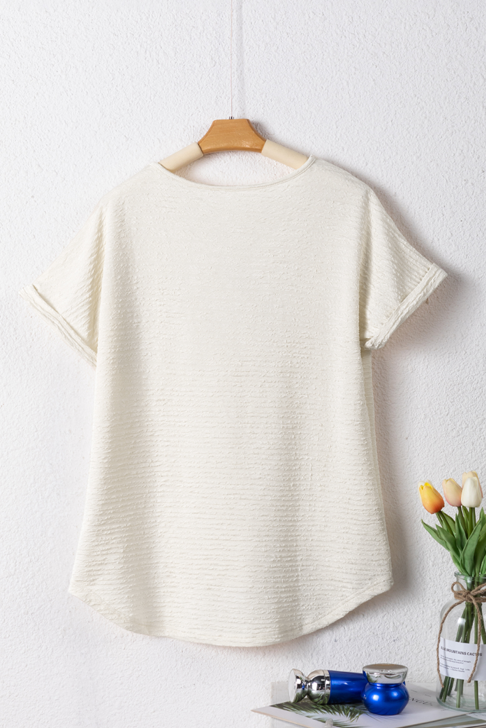 Pale Khaki Textured Wide Sleeve V Neck T Shirt - Image 5