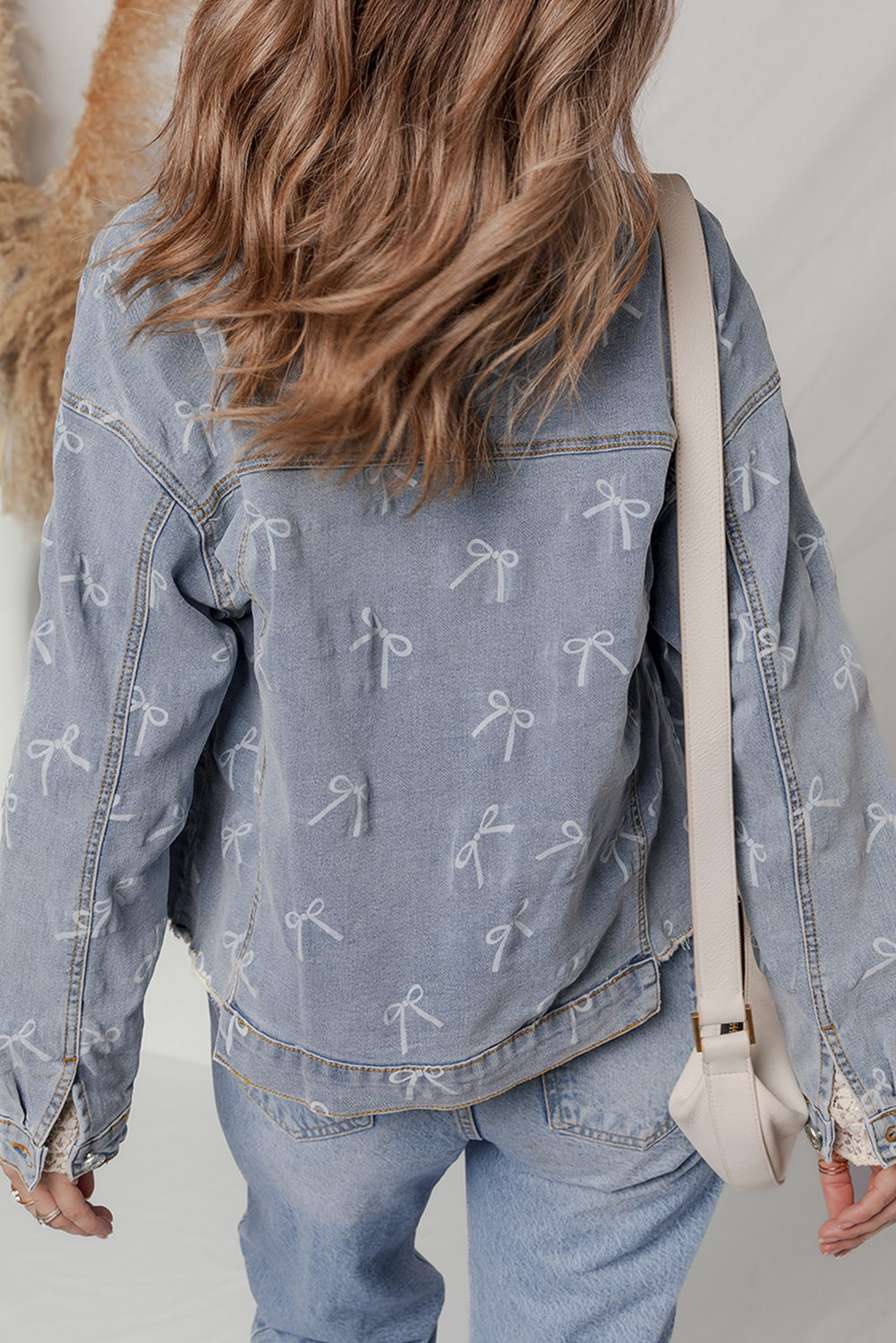 Sky Blue Bow Knot Print Light Wash Raw Hem Denim Jacket - Image 2