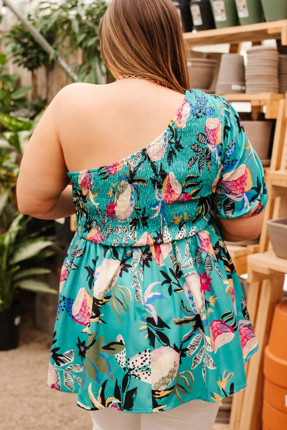 Green Plus Size Floral Smocked Bodice Single Puff Short Sleeve Babydoll Blouse - Image 2