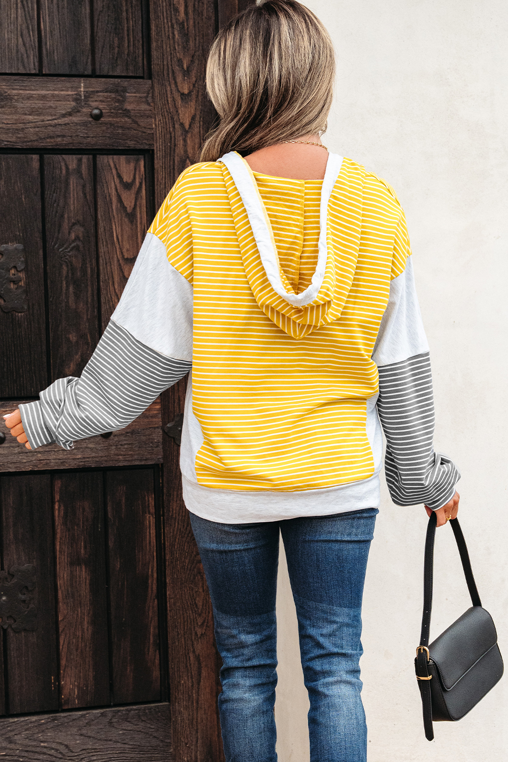 Yellow Stripe Color Block Drawstring V Neck Loose Fit Hooded Top - Image 2