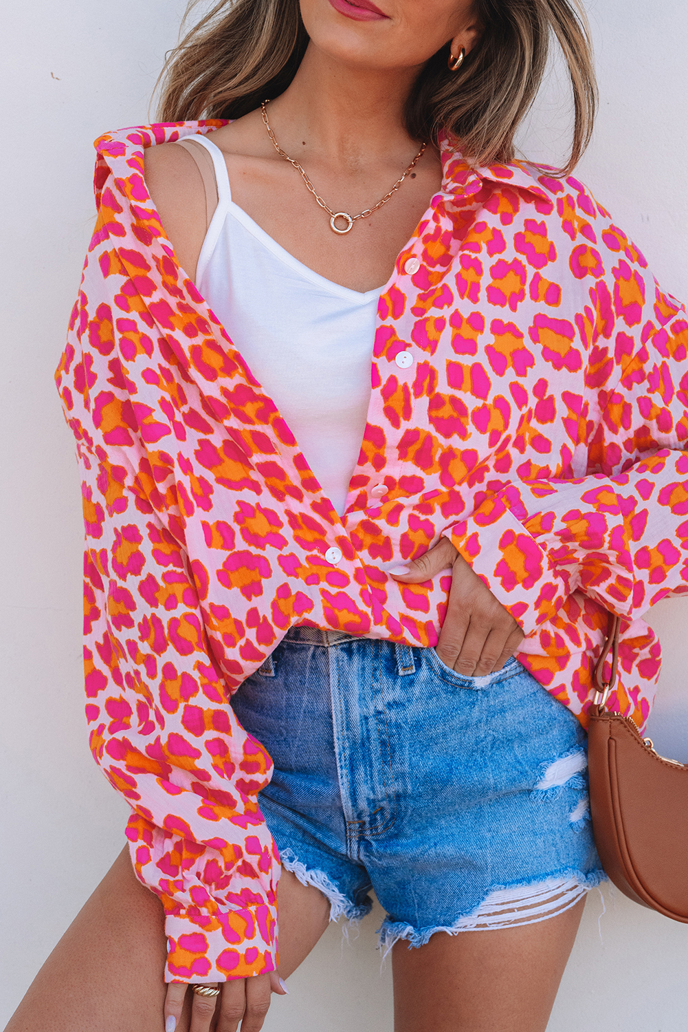 Rose Leopard Printed Button Up Loose Shirt - Image 5