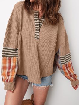 Straw Yellow Waffle Stripe Plaid Patchwork Henley Knit Top