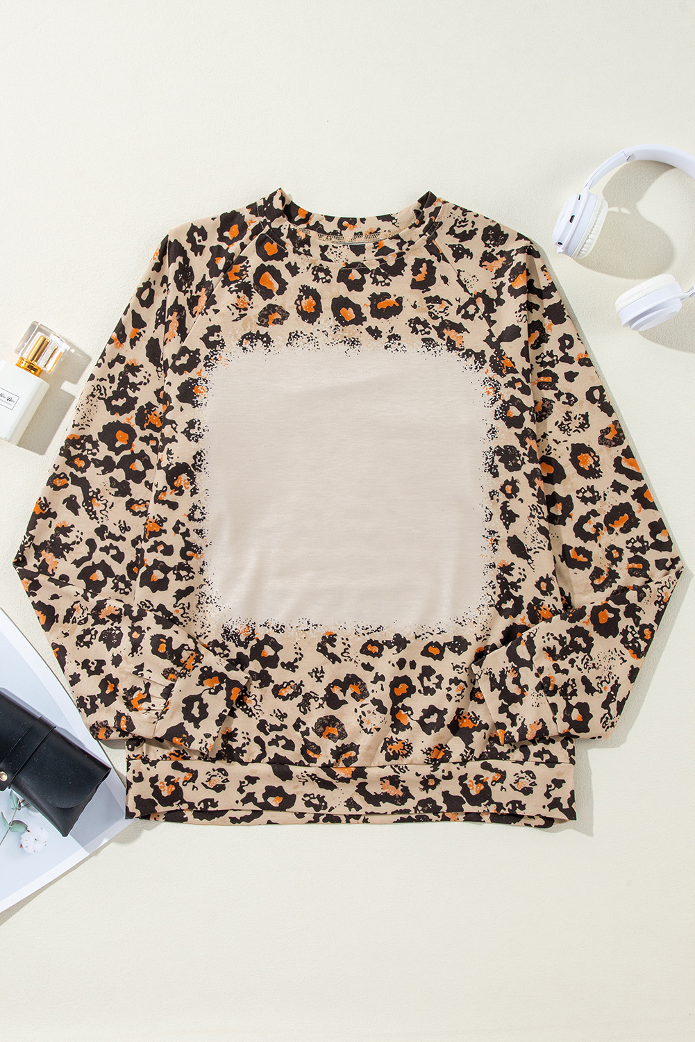 Brown Leopard Bleached Raglan Sleeve Pullover Sweatshirt - Image 3