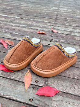 Chestnut Contrast Edge Suede Plush Lined Thick Sole Winter Slippers