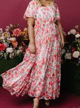 Pink Plus Size Floral Square Neck Puff Sleeve Ruffle Maxi Dress