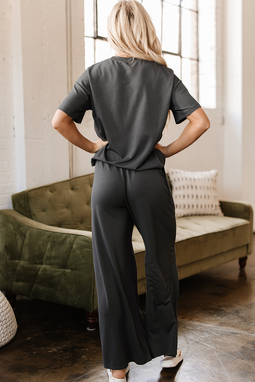 Dark Grey Drawstring Side Crewneck Tee and Loose Pants Set - Image 2