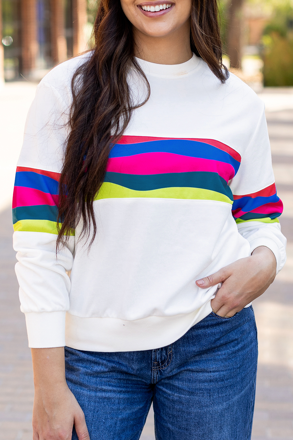 White Colorful Striped Accent Long Sleeve T Shirt - Image 8