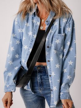 Sky Blue Star Print Light Wash Raw Hem Denim Jacket