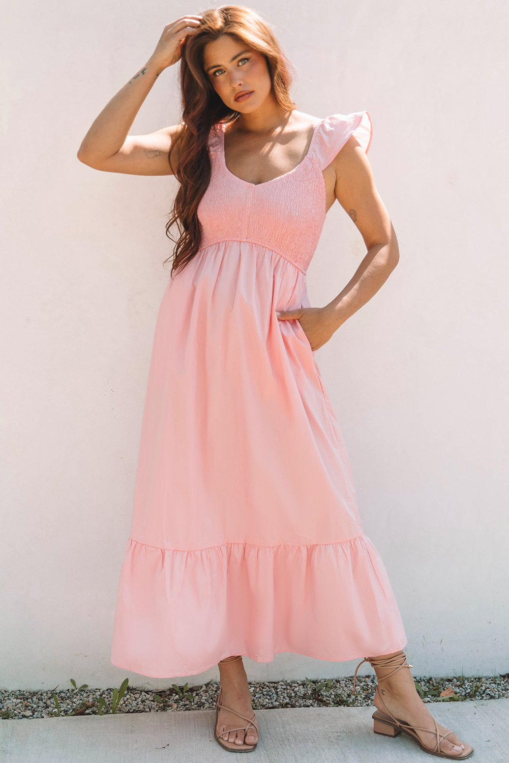 Pink V Neck Flutter Sleeve Smocked Bodice High Waist Ruffle Maxi Dress - Image 4