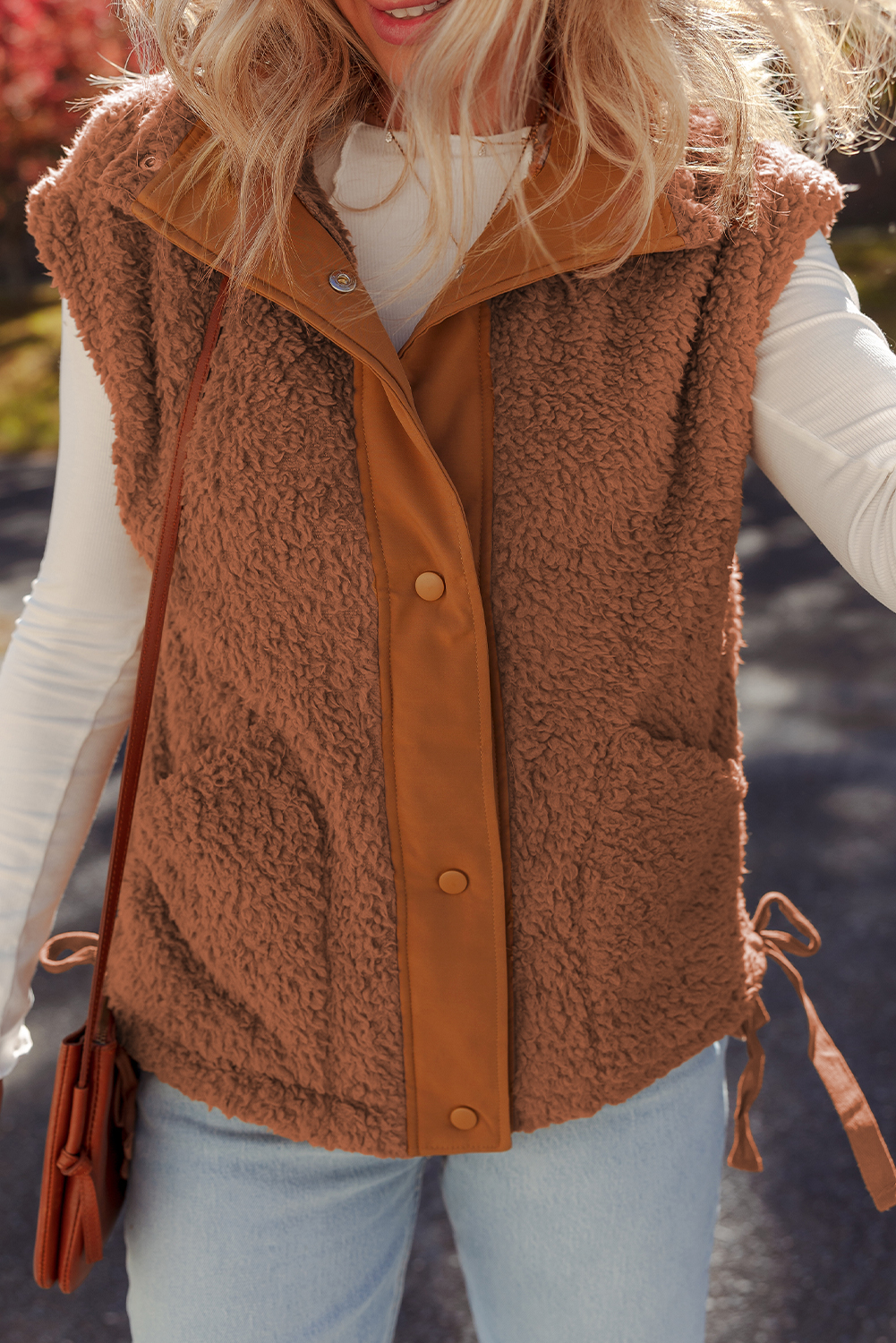 Cinnamon Faux Fur Snap Button Front Knot Side Plush Vest with Pockets - Image 6