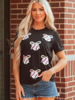 Black Shimmering Sequin Bow Ball Patterned Game Day Casual Tee