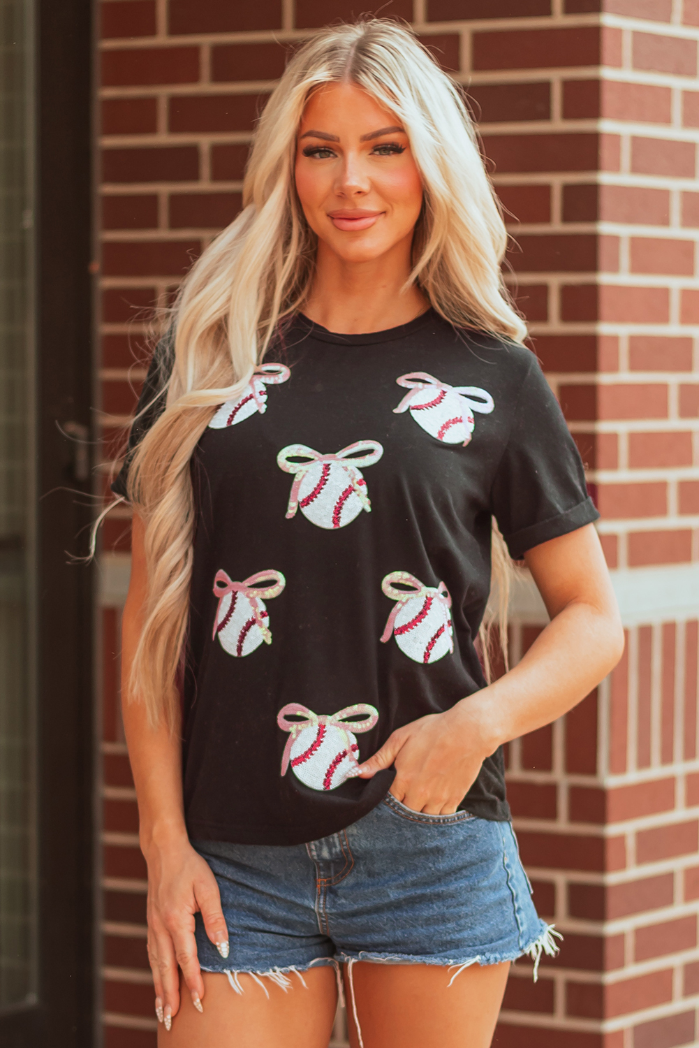 Black Shimmering Sequin Bow Ball Patterned Game Day Casual Tee