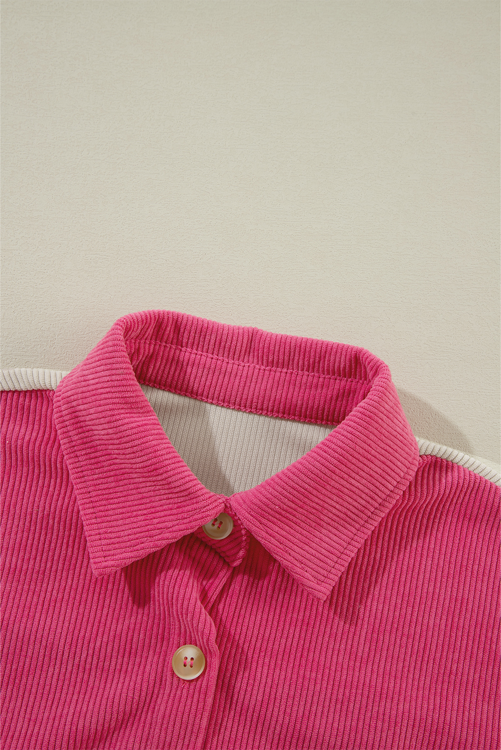 Rose Red Colorblock Curved Hem Corduroy Shacket with Pocket - Image 8