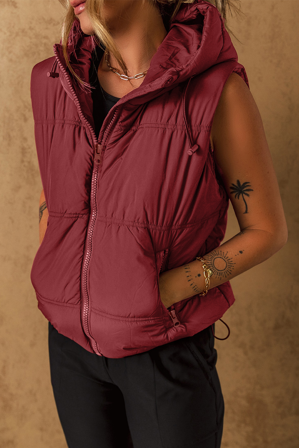 Clay Zip-up Side Pockets Hooded Puffer Vest - Image 5