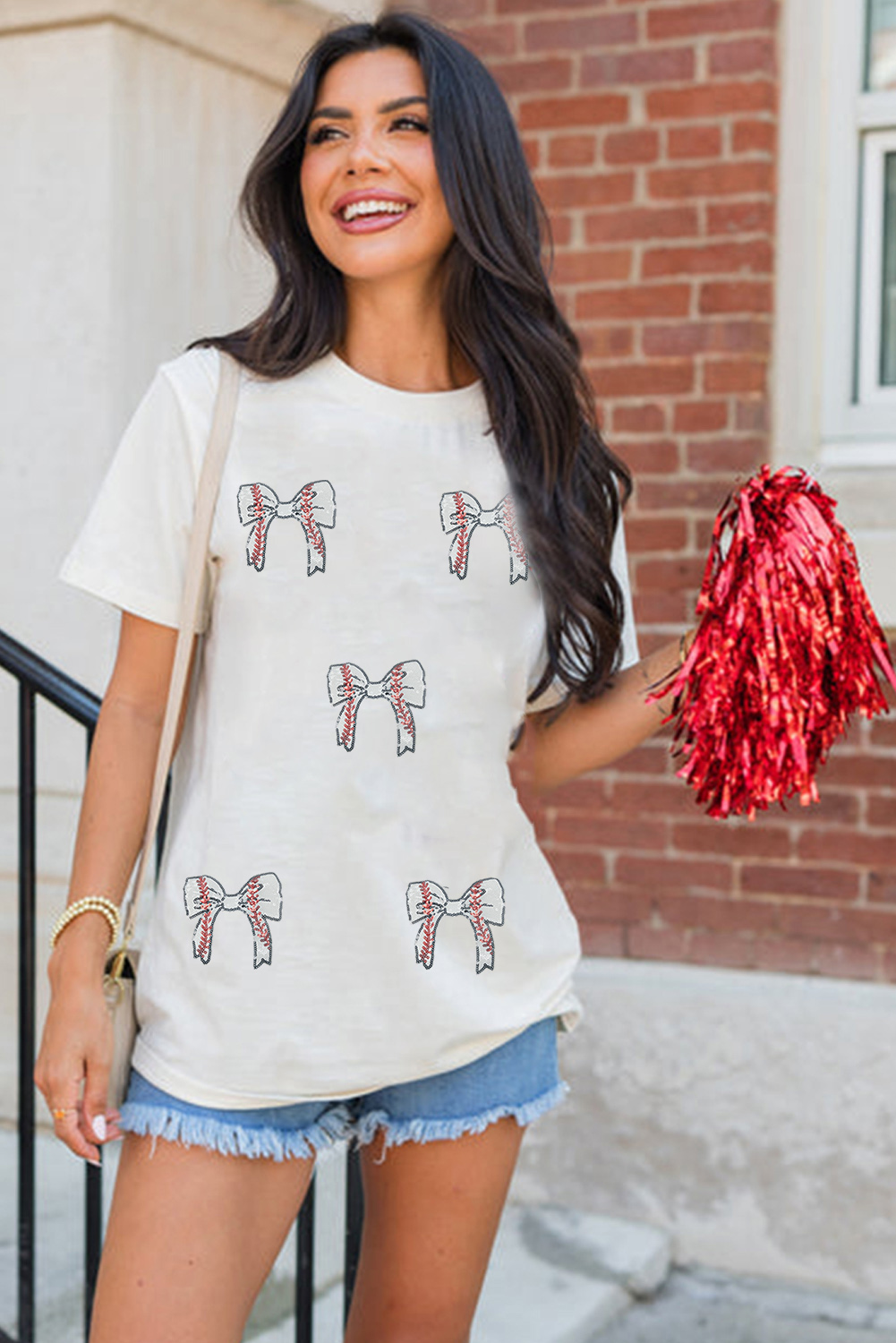 White Glitter Baseball Bow Patched Cotton Blend T Shirt - Image 5