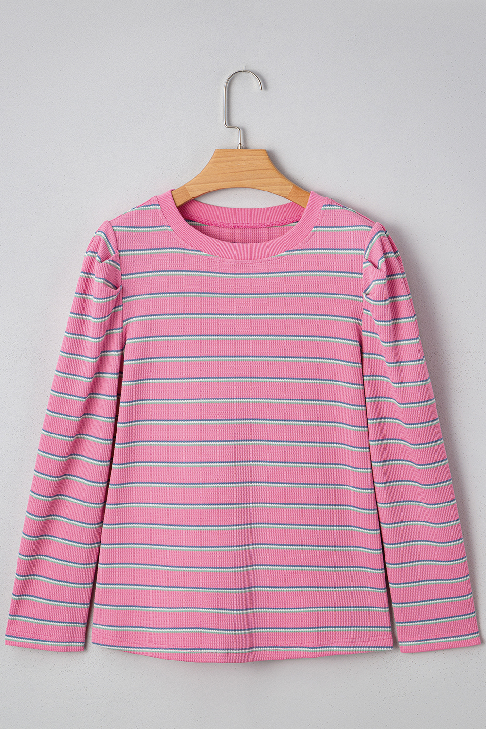 Rose Stripe Textured Knit Round Neck Long Sleeve Top - Image 4
