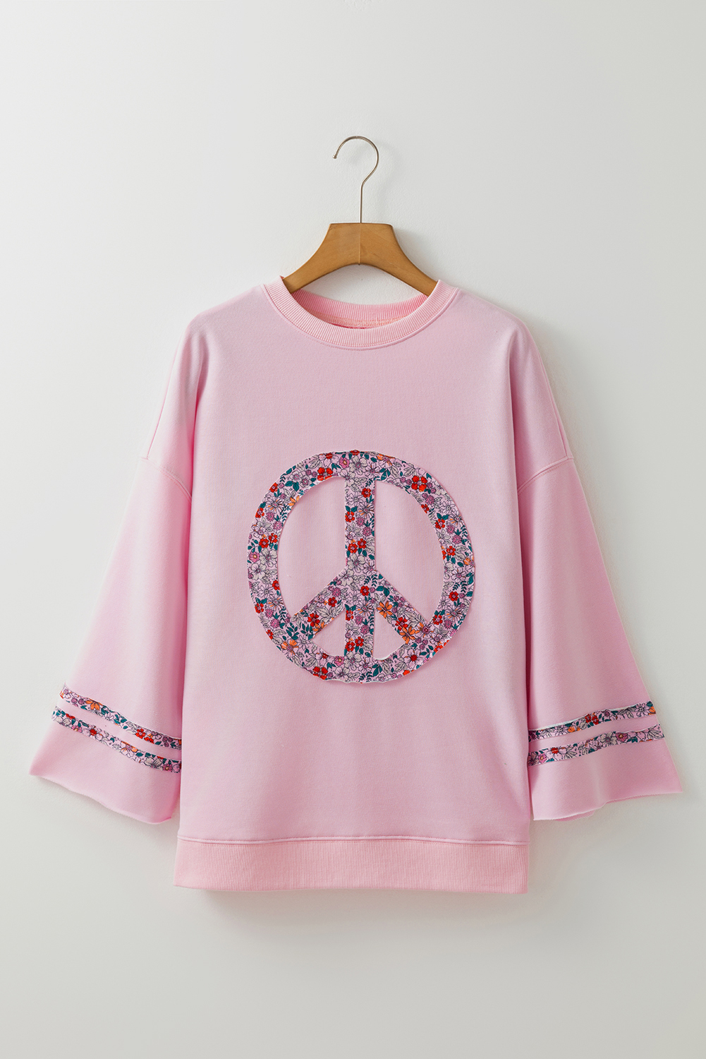 Light Pink Floral Peace Sign Graphic Drop Shoulder Wide Sleeve Casual Top - Image 6