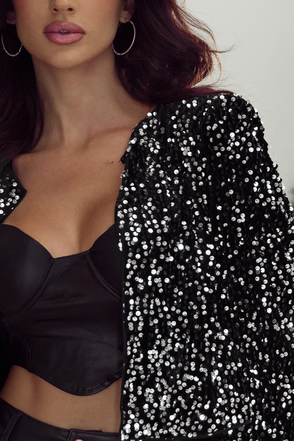 Black Sequined Open Front Cropped Jacket - Image 6