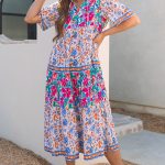 Sky Blue Mixed Floral Print Tie Split Neck Short Sleeve Dress