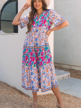 Sky Blue Mixed Floral Print Tie Split Neck Short Sleeve Dress
