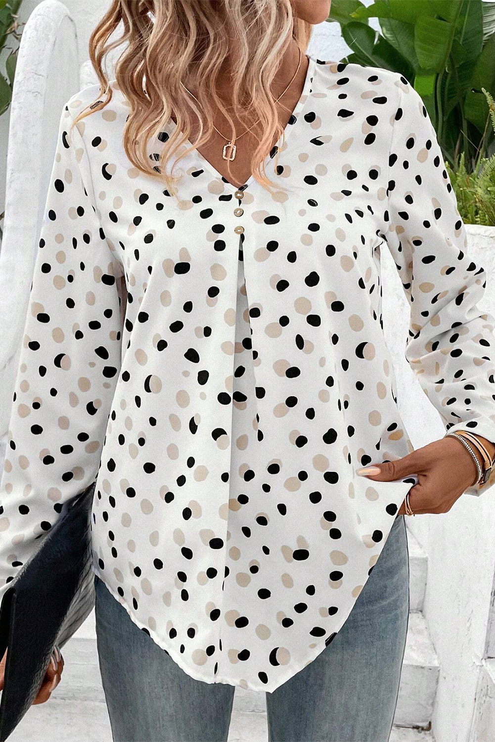 White Polka Dot Print Button Front V Neck Blouse - Image 4