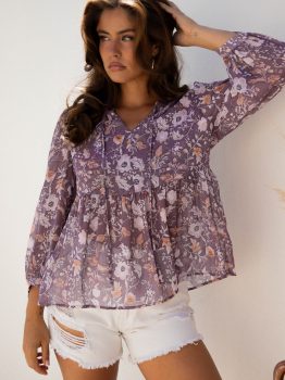 Blue Boho Flower Print 3/4 Sleeve Babydoll Blouse