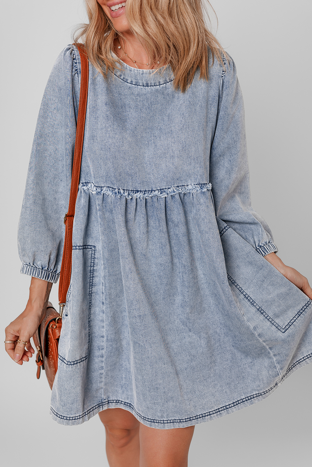 Beau Blue Light Wash High Waist Loose Fit Denim Mini Dress - Image 5