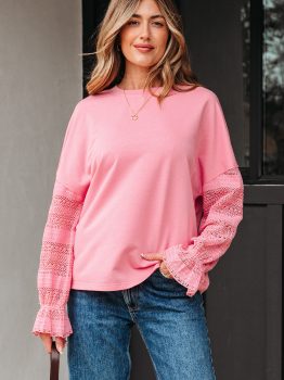 Sachet Pink Drop Shoulder Lace Ruffled Sleeve Patchwork Loose Sweatshirt
